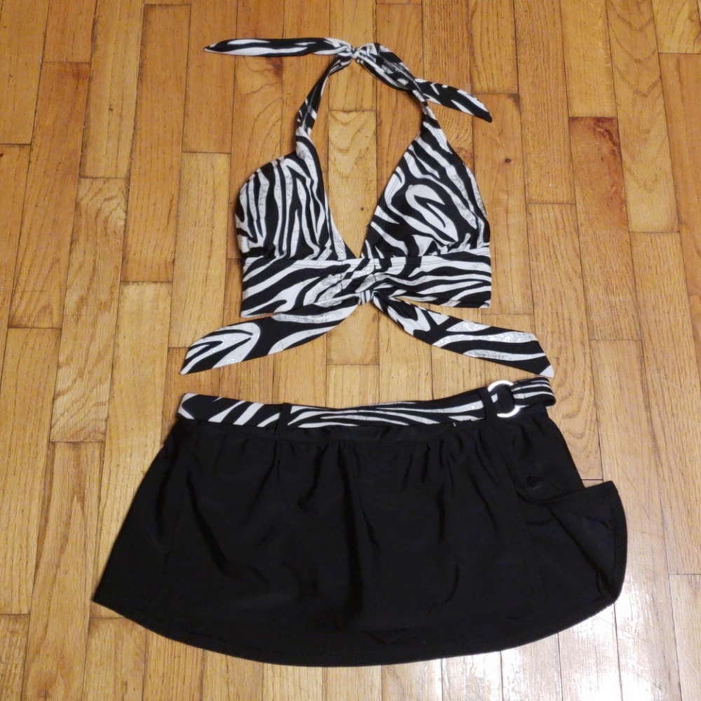 Zebra halter bikini top skirted bikini bottom